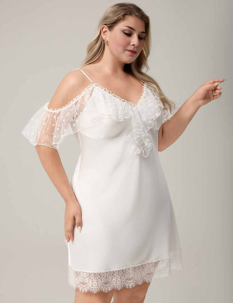 Women Plus Size Ruffle Sleeve Lace Trim Nightgown White