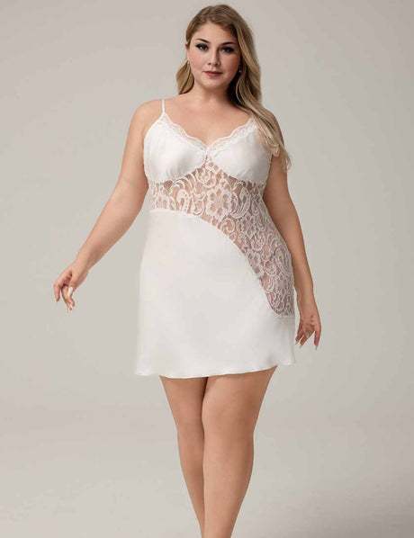 Women Plus Size White Satin Lace short  Nightgown