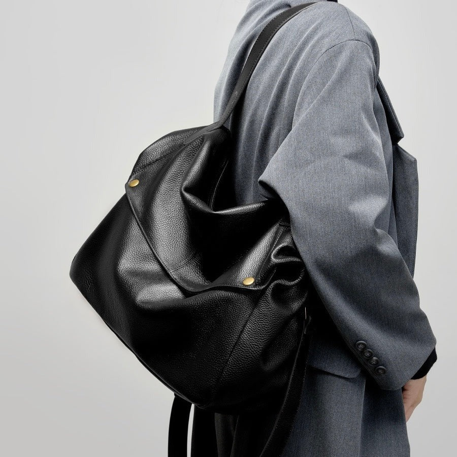 Women's black Genuine Leather Soft Minimalist Casual Tote Bag 