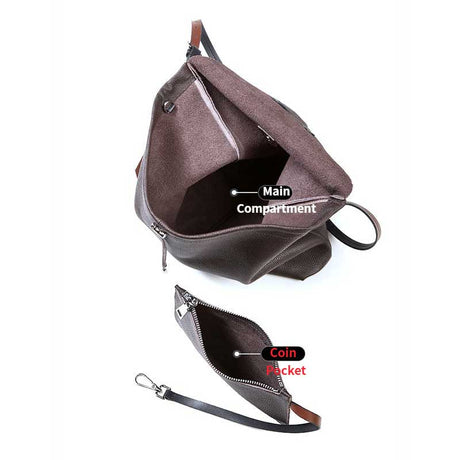 coffee Leather bag with labeled compartments and Coin pocket