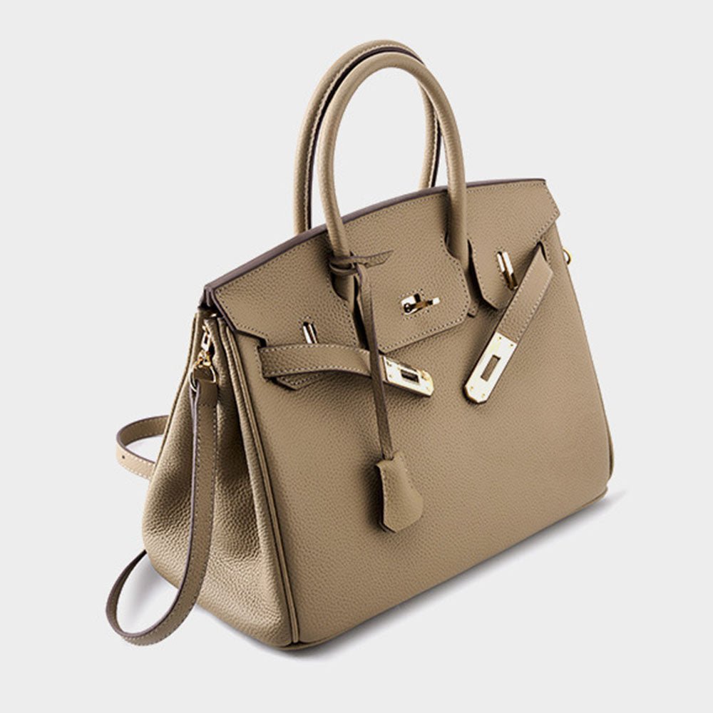 gray Full-Grain Leather Satchel Handbag 