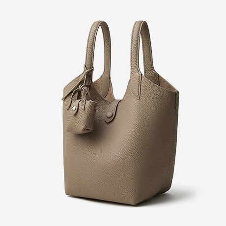 gray Genuine Leather Bucket handbag with Mini Pouch
