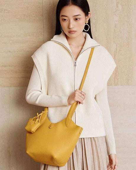 Women's yellow  Leather Bucket bucket Bag with Mini Pouch 