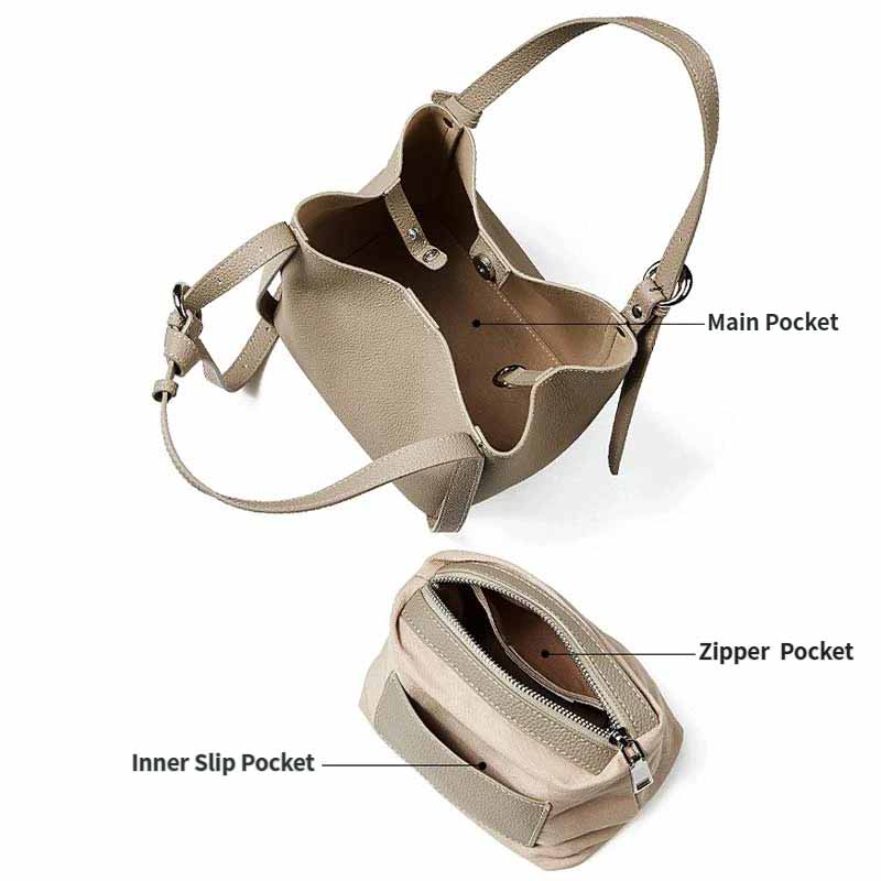 gray Genuine Leather Bucket Tote Bag and  Removable Inner Pouch