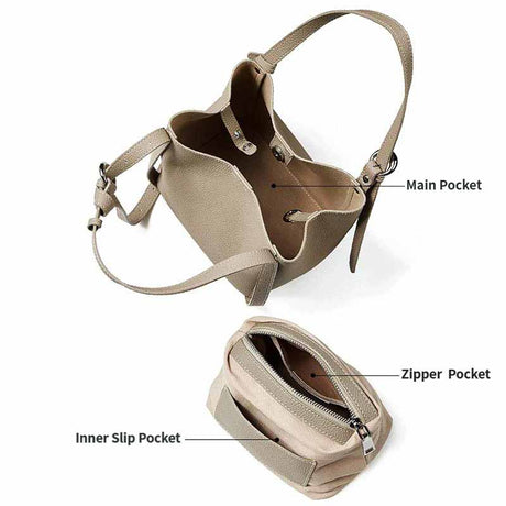gray Genuine Leather Bucket Tote Bag and  Removable Inner Pouch