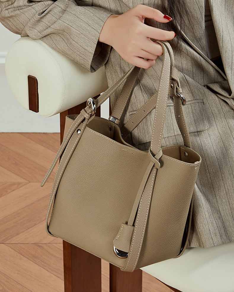 women gray Leather Bucket Tote Bag 