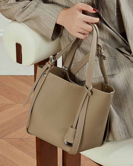 women gray Leather Bucket Tote Bag 