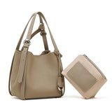 gray handbag and matching pouch 