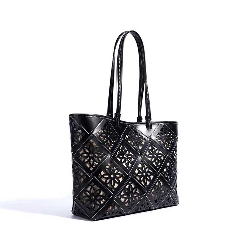 Black  Leather Floral Cutout Tote Bag
