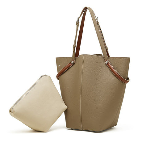 gray handbag with labeled compartments 