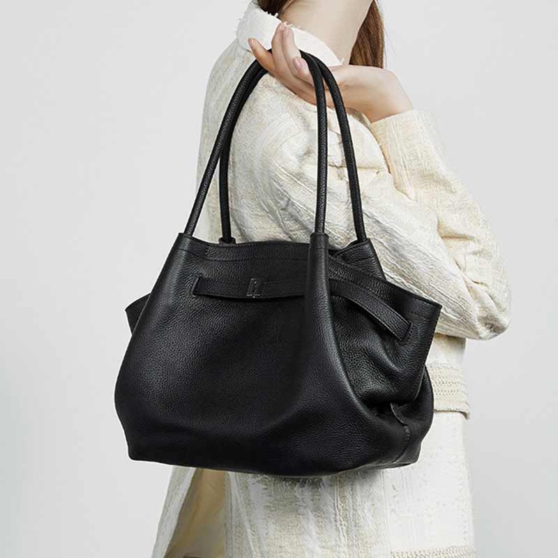 Women's Genuine Leather Large Capacity Tote Bag  black