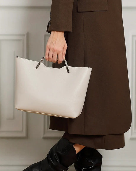 light gray  Genuine Leather Metal Handle Large Tote Bag