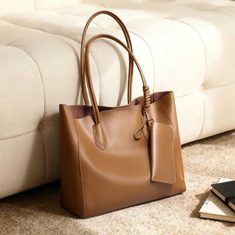 brown Genuine Leather Minimalist Tote Bag  with Inner Pouch