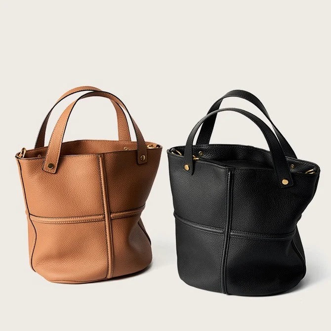 Brown and black Genuine Leather Panel Stitch Bucket Bag