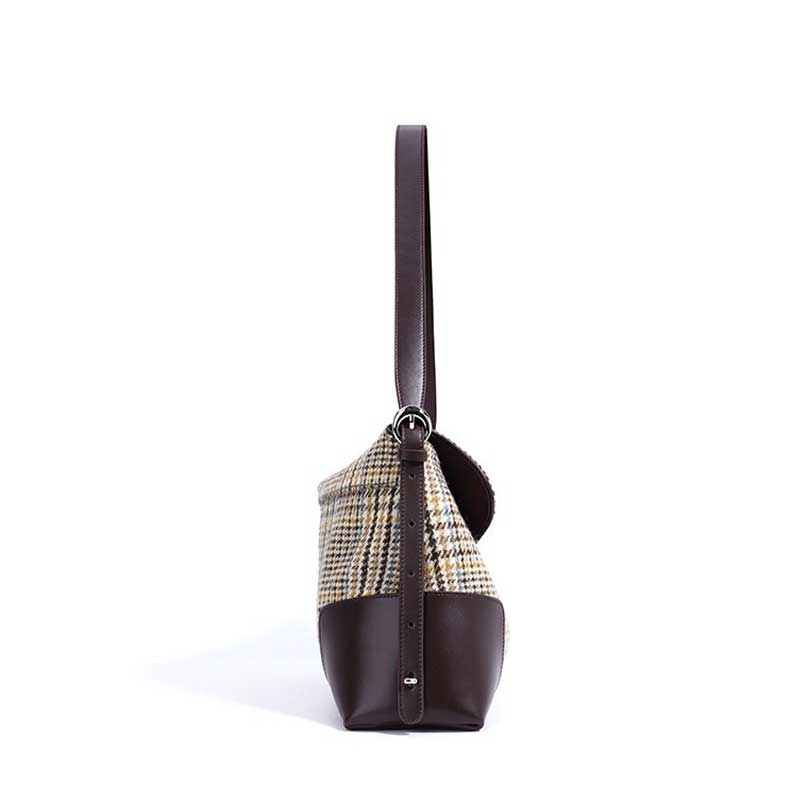coffee Leather Patchwork Houndstooth Bag side view