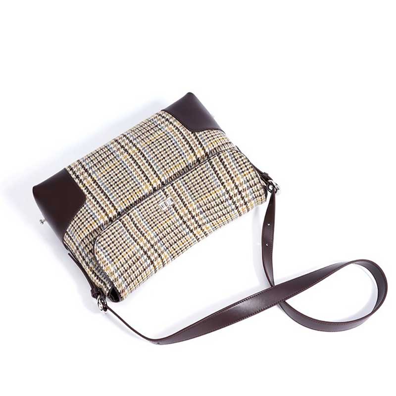 coffee Leather Patchwork Houndstooth Bag 