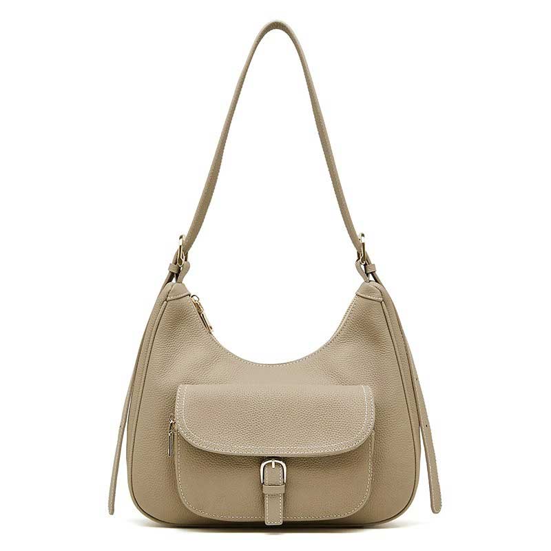 gray Genuine Leather Shoulder Bag with Pocke