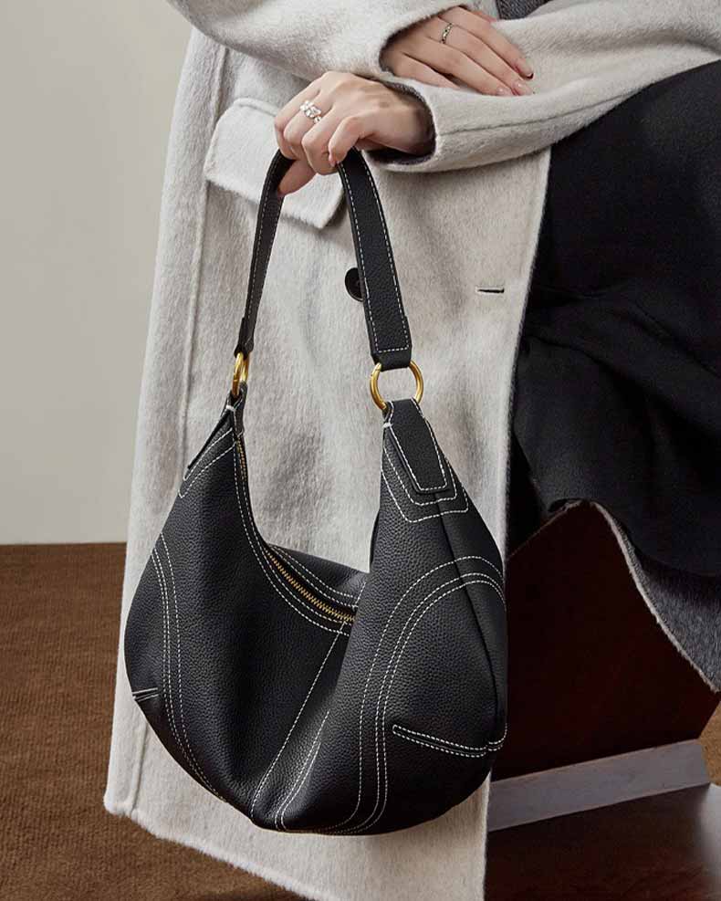 women black Genuine Leather Slouchy Hobo Bag with Contrast Stitching