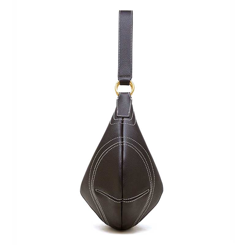 coffee  Genuine Leather Slouchy Hobo Bag with Contrast Stitching side view
