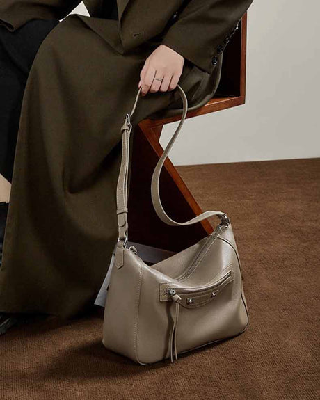 women gray Genuine Leather Slouchy Hobo Shoulder Bag