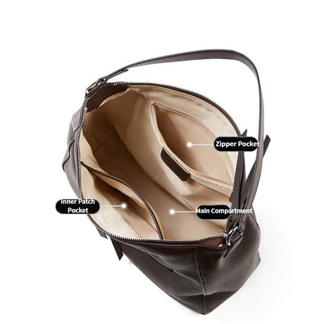 Open coffee leather handbag with labeled compartments 