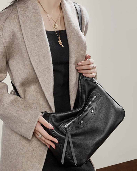 Women black  Leather Slouchy Hobo Shoulder Bag
