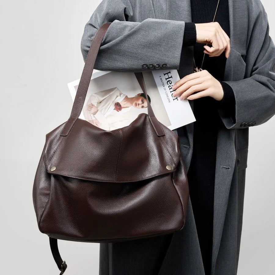 Women's coffee Genuine Leather Soft Minimalist Casual Tote Bag 