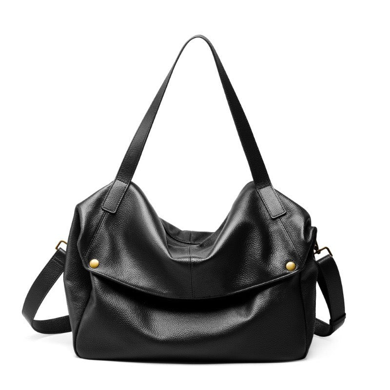 black Genuine Leather Soft Minimalist Casual Tote Bag 