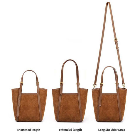 Three caramel  suede handbags with different strap lengths 