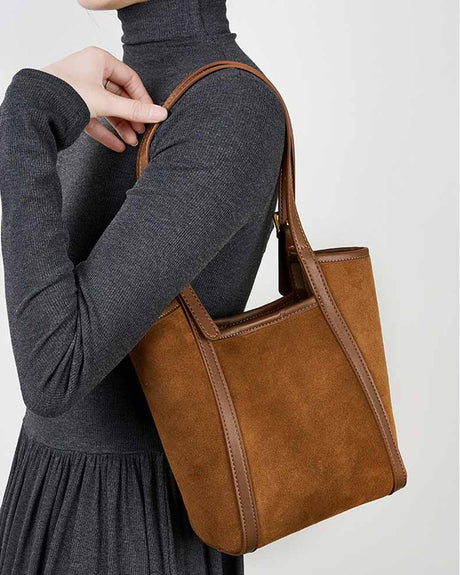 women caramel  Genuine Leather & Suede Bucket Bag 