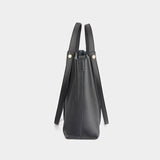 Women's black Genuine Leather Work Tote with Strap Closure side view