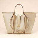 apricot Genuine Leather Work Tote with Strap Closure