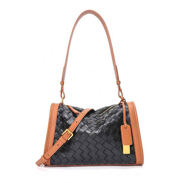 black Genuine Leather Woven Contrast Trim Shoulder Bag