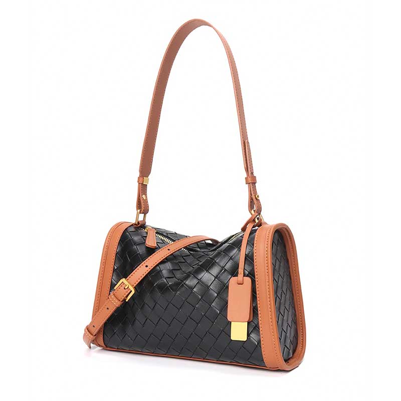 black Leather Woven Contrast Trim  Bag