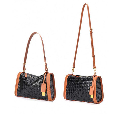 Black Woven handbag with brown leather straps 