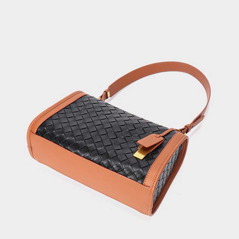 black Genuine Leather Woven Contrast brown Trim  Bag