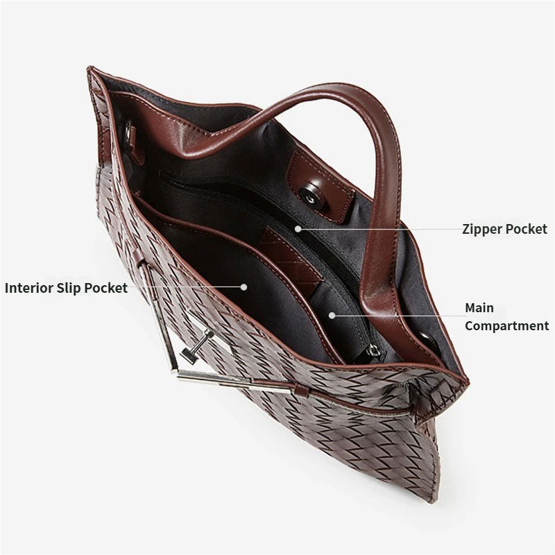 Brown handbag with labeled compartments 