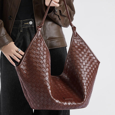 maroon Genuine Leather Woven Large Tote Bag 