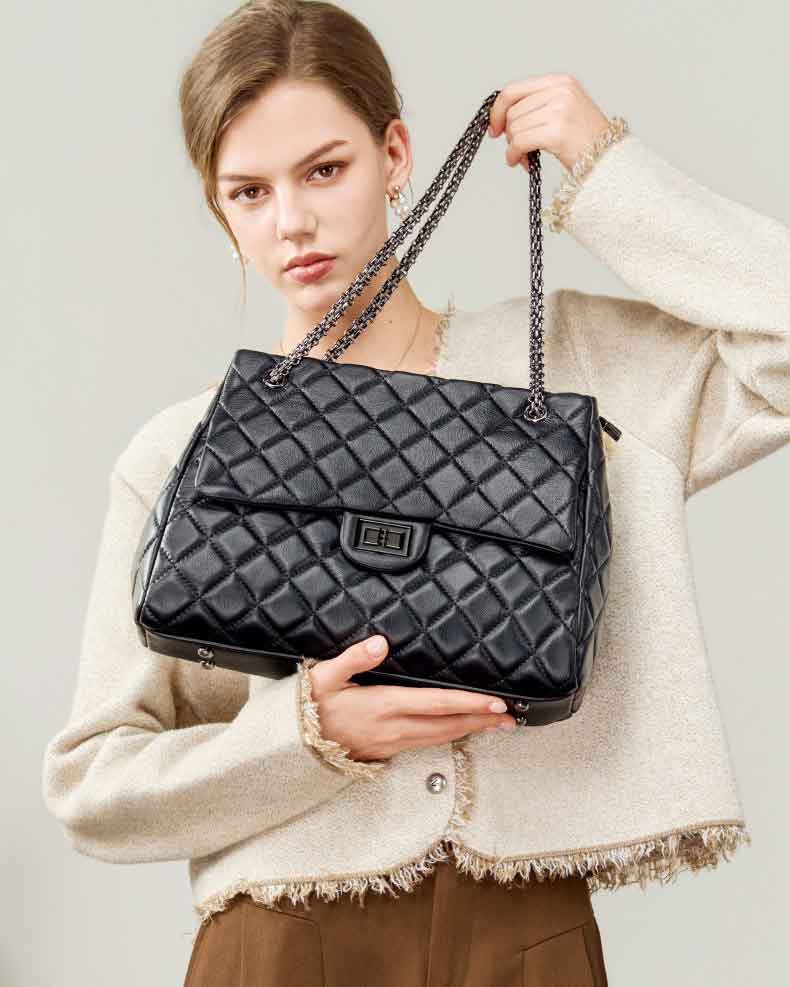Women's black Genuine Leather Quilted Flap Chain Bag 