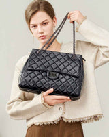 Women's black Genuine Leather Quilted Flap Chain Bag 