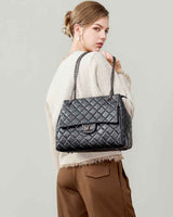 Women's black Large Leather Quilted Flap Chain Bag 