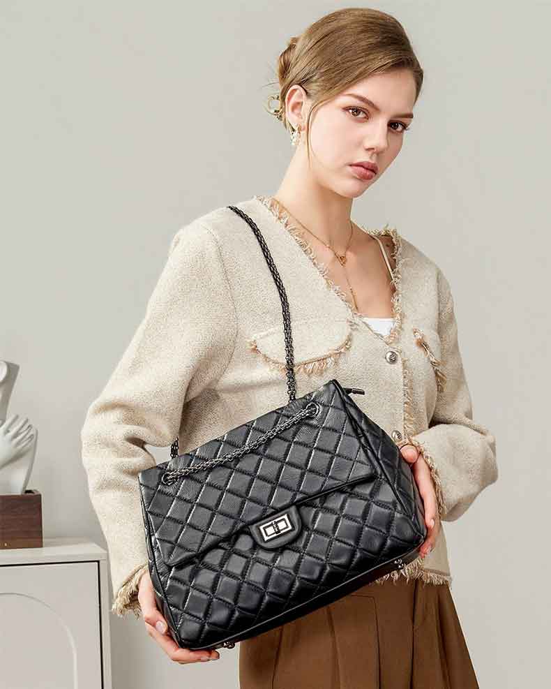 Women's black Large Genuine Leather Quilted Flap Chain Bag 