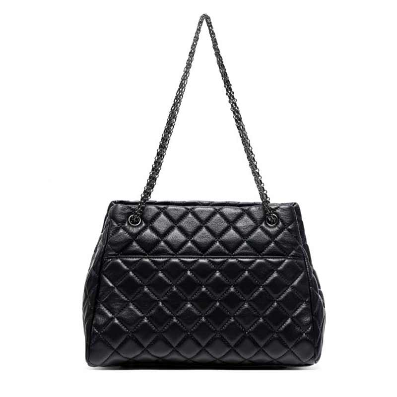 Black quilted handbag with a chain strap back view