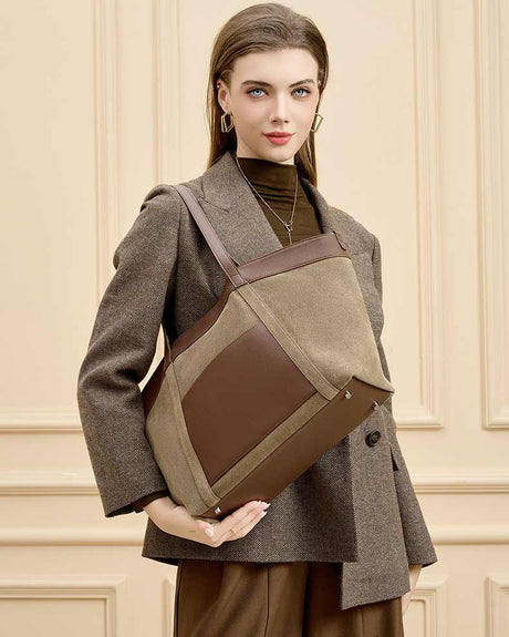 Women's khaki  Large Capacity Suede Leather Tote Bag