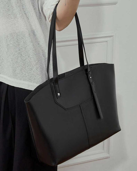 Women's black  Minimalist Vegetable-Tanned Leather large Tote Bag