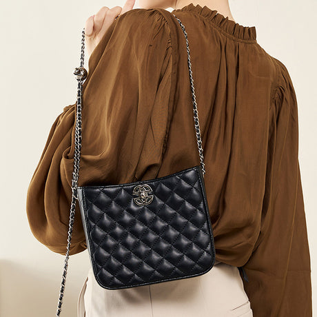 Women's black Genuine Leather Chain Bag Quilted Crossbody Bag