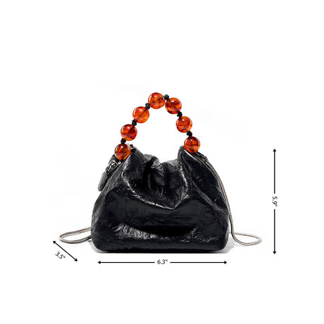 Black Leather Beads Handle Shoulder Mini Bags| PRUSES