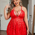 Plus Size Sexy Front Closure Lace Sheer Babydoll Red