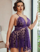 Plus Size Sexy Front Closure Lace Sheer Babydoll Purple