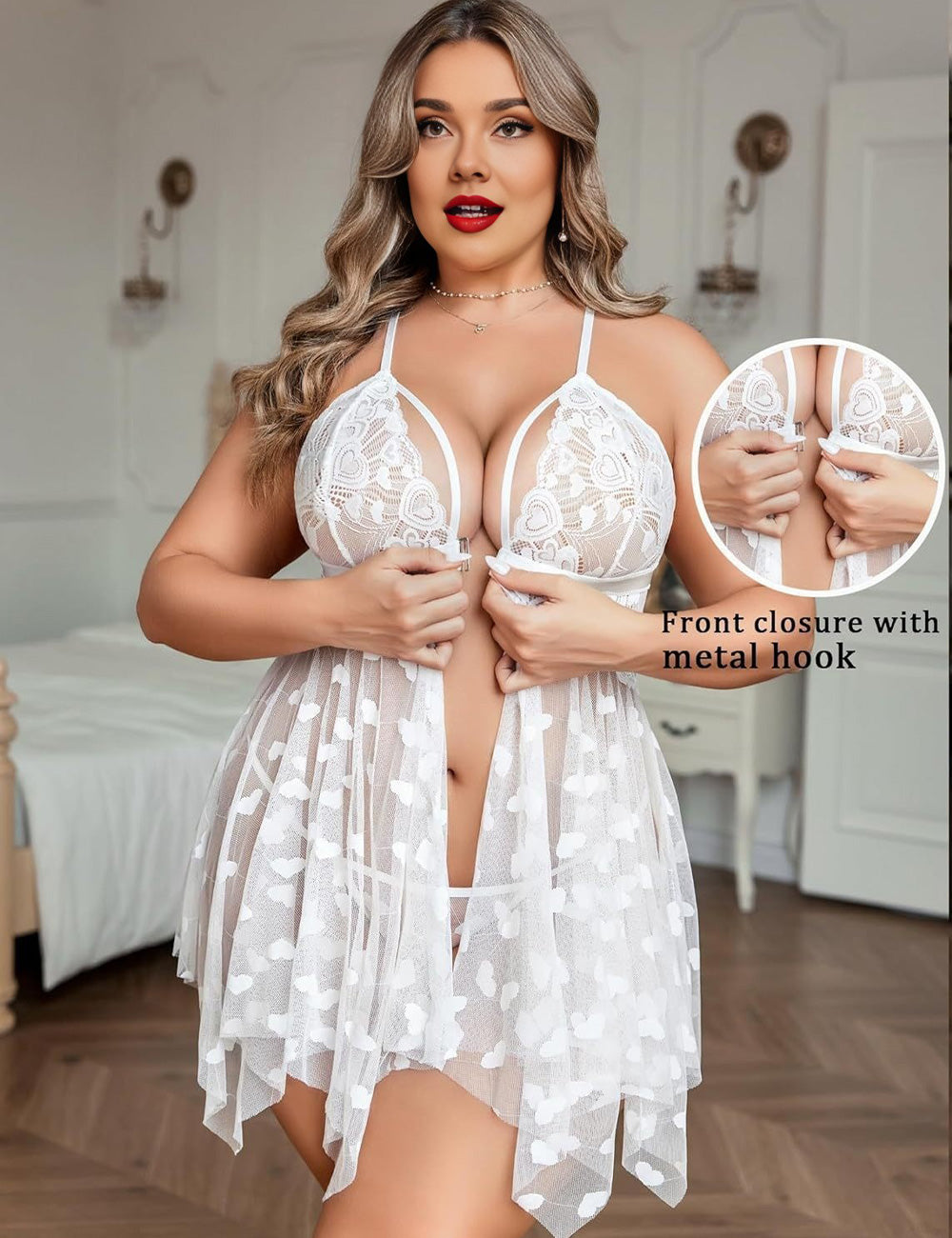 White Plus Size Sexy Front Closure Lace Sheer Babydoll